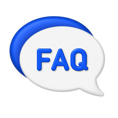 Speech bubble 3D Icon. Blue 3d FAQ letters on white and blue bubbles background. png illustration.