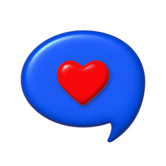 Speech bubble 3D Icon. Love message. Red 3d heart on blue bubble. png illustration.