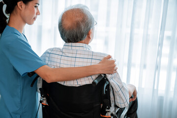 Rear view of a caregiver and her contented senior patient gazing out through the window. Elderly illness, nursing homes for the elderly, and pensioner life - obrazy, fototapety, plakaty