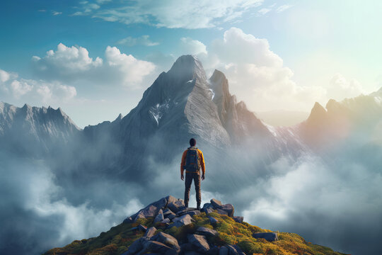 A young man looking at a big beautiful mountain that he is going to climb, inspiring, highly detailed detail. Mountain sport. risk. action. made with ai