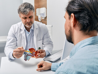 Doctor urologist consulting patient with prostatitis, explaining to him methods of treatment using anatomical model of male reproductive system. Prostatitis treatment - 600701168