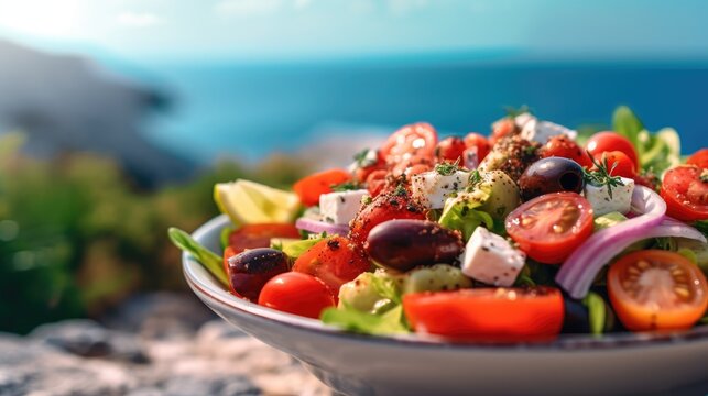 Nahaufnahme eines k&ouml;stlichen griechischen Salates an einem hei&szlig;en Sommertag in Griechenland vor verschwommen Meereshintergrund, Generative AI