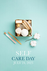 Natural Eco Friendly Beauty, Skin Care Products Concept. Zero Waste Bathroom, Spa Accessories on Green Mint Background.