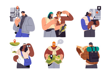 People with maps in hands set. Tourists, explorers looking for route, direction, searching location in travel, trip, adventure. Flat graphic vector illustrations isolated on white background
