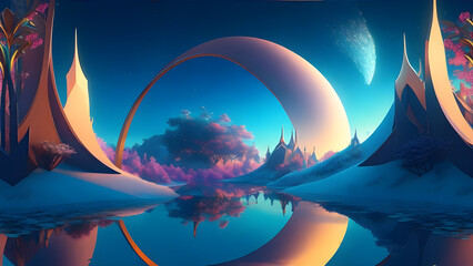 A castle in the water with a blue sky and a fish in the water Create With Generative AI Technology