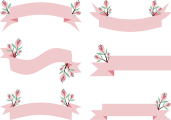 set of pink ribbons with flowers and leafs vector illustration design - obrazy, fototapety, plakaty
