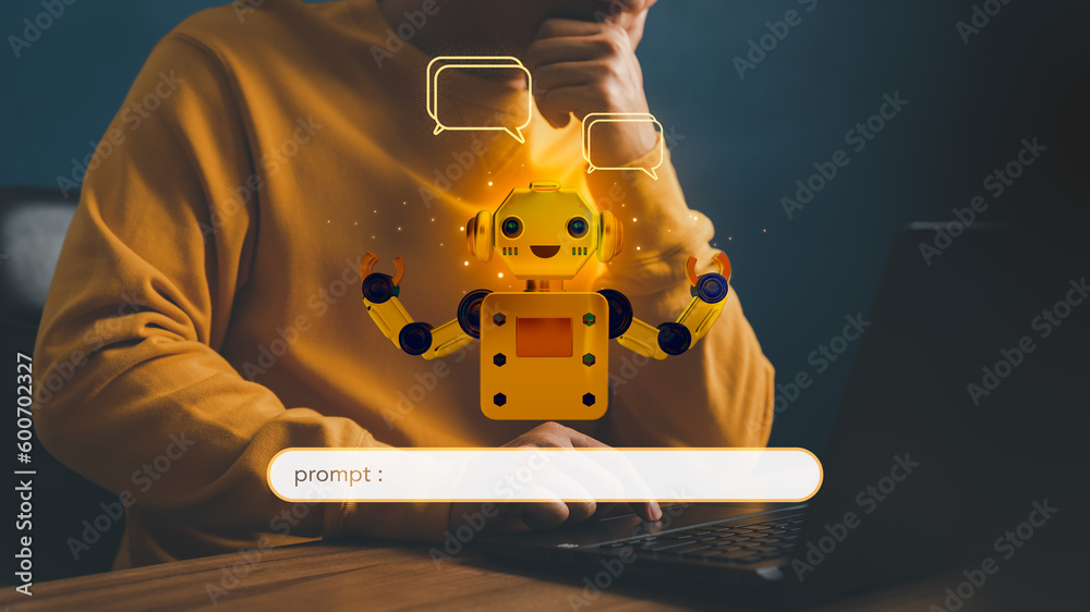 Poster Chat with Ai. Adult man chatting with a smart AI or artificial intelligence using an artificial intelligence chatbot developed. Futuristic technology transformation. Chatbot, Artificial intelligence.