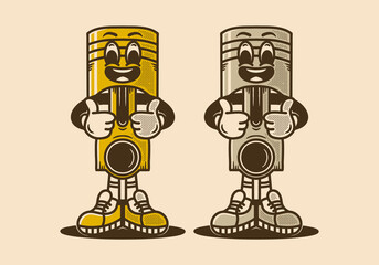 Vintage mascot character of piston with two thumbs up