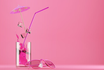 Tasty pink cocktail with ice, pink umbrella and straw in glass on bright pink background. Glasses. Summer concept.