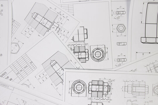 engineering drawings of industrial parts and mechanism