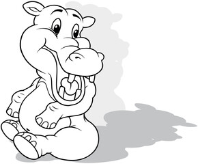 Drawing of a Laughing Hippo Sitting on the Ground with its Head Turned