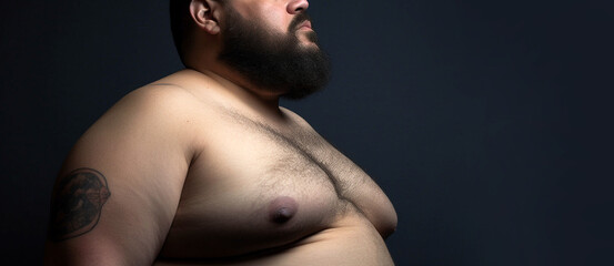 Naklejka premium Overweight man's belly,fat man has excess fat, he is dieting and losing weight.unhealthy,medical health concept with copy space