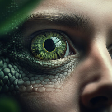 An eye of a lizard human boy. fantasy art concept. 