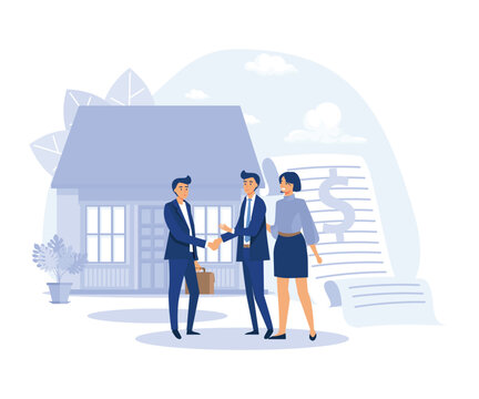 Real estate broker, Couple meeting broker in office, visiting real estate firm, realtor showing a house to customers, acquiring mortgage, flat vector modern illustration