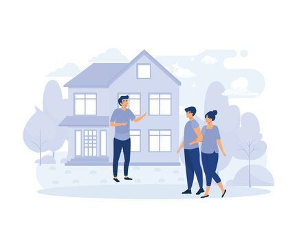 Real estate broker, Couple meeting broker in office, visiting real estate firm, realtor showing a house to customers, acquiring mortgage, flat vector modern illustration