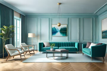 Naklejka na ściany i meble aqua blue living room, generative ai