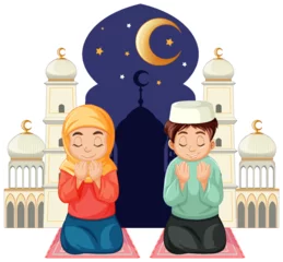 Fotobehang Kinderen Muslim Couple Praying Cartoon Character