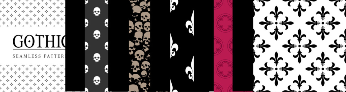 Seamless Pattern Collection of Gothic Designs from 90's. Cathedral and medieval textile graphics. Halloween decorative background. Vintage vector illustrations goth rock aesthetic. Fantasy ornaments.