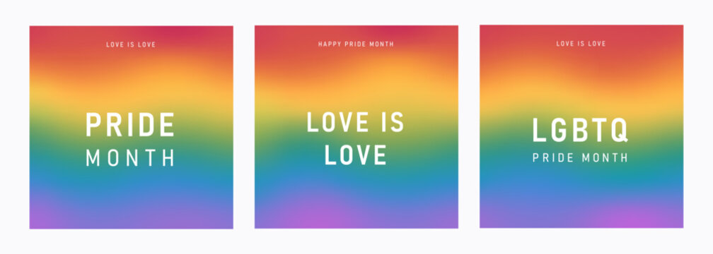 Pride Month, banner, set greeting card, poster, cover set. LGBT colorful rainbow concept. Trendy minimalist aesthetic with blurred gradients, typography, y2k backgrounds. Social media template
