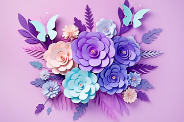 Paper flowers and butterflies on a pink background. Generative AI