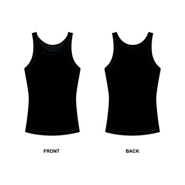 Sketch of an elastic classic T-shirt in black. Vector t-shirt template front and back view. Vector drawing of a sports shirt without sleeves with a round neck.