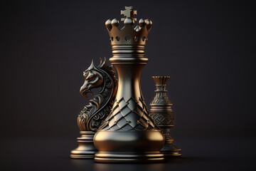 Chess monarch and pieces on dark background, illustration generative AI