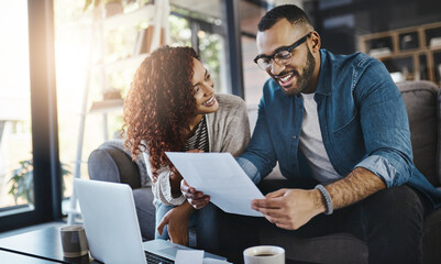 Couple, budget and finance, taxes with paperwork of financial information, happy with savings and...