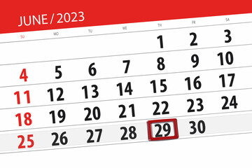 Calendar 2023, deadline, day, month, page, organizer, date, June, thursday, number 29