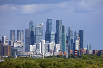 View to skyscrapers of Moscow city in spring. Futuristic cityscape, concept of russian economy and real estate