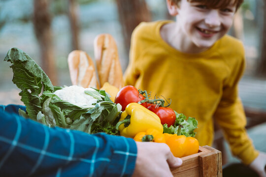 Father and son farmers holding a wooden crate with supplies groceries. Man male dad and his should kid boy child delivered a framed box with organic vegetables and bread to farmers market