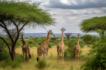 Naklejka na ściany i meble Giraffes savannah tree. Generate Ai
