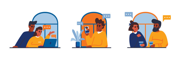 Modern online and live communication. Set of drawings about communication at distance and nearby