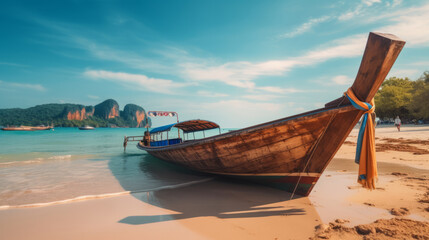 Fototapeta na wymiar Thai traditional wooden longtail boat. Illustration AI Generative.