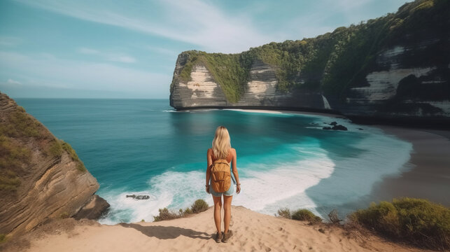 Travel girl on seaside. Illustration AI Generative.