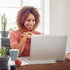 Happy woman, business student and laptop for planning at desk, technology and internet in agency....