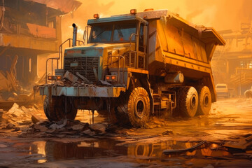 Obraz premium The excavator loads the truck with sand with its bucket. Ai generative