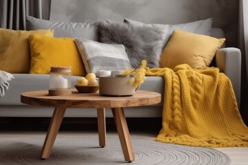 Fototapeta na wymiar yellow apartment cushion interior pillow sofa grey decor home house modern. Generative AI.