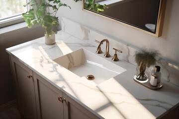 luxury house design bathroom interior sunlight sink modern background counter faucet chrome. Generative AI.