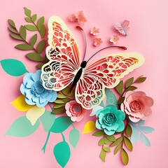Paper cut flowers and butterfly on pink background. Paper art style. Generative AI