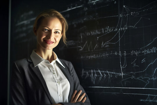 A female scientist standing in front of a large blackboard and showing and intricate diagrams. AI generativ.