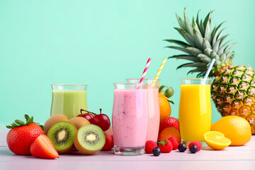 Fresh strawberry smoothie with fresh fruit ingredients. Colorful healthy milkshake drink with summer vibes. Beverage banner with pastel colors for holiday. Generative AI.