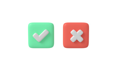 checkmark and x or confirm. Like or correct icon isolated white background. checkmark button. 3d rendering illustration websites symbol choice square answer box for checklist, approval sign button png