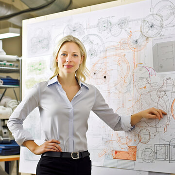 A female scientist standing in front of a large blackboard and showing and intricate diagrams. AI generativ.
