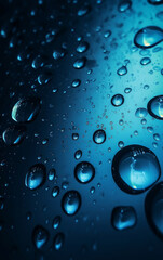 Liquid close-up, showcasing water drops, surface droplets, clear macro bubbles, evoking cleanliness, purity for spa background. Mineral water backdrop. Poster for shower and bathing ad. Generative AI.