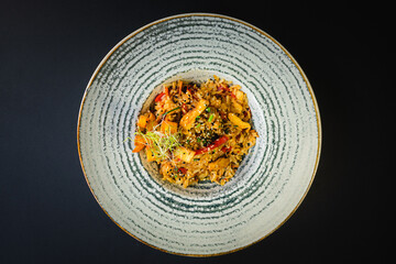 Top view - Curry rice with chicken and vegetables