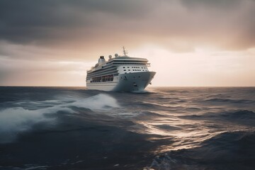 Fototapeta na wymiar A big white cruise liner voyages the ocean , .highly detailed, cinematic shot photo taken by sony incredibly detailed, sharpen details highly realistic professional photography lighting li