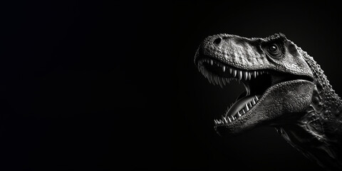 Black and white photorealistic studio portrait of a Tyrannosaurus Rex on black background. Generative AI illustration
