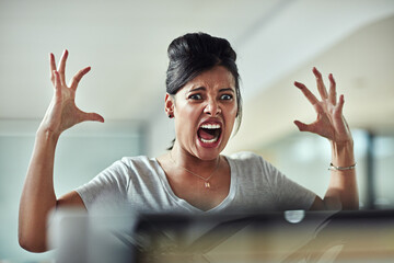 Stress, screaming and angry business woman in office with anxiety, problem and internet crisis....