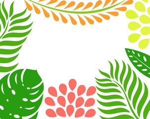 Fototapeta na wymiar Tropical leaves and flowers summer border background illustration.