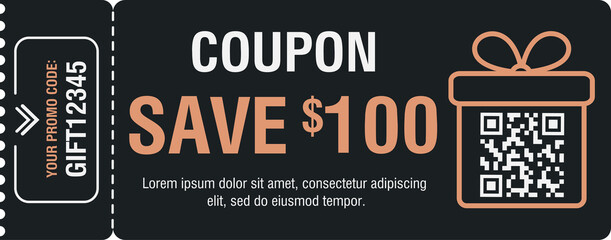 Gift cards vouchers with monetary reward in 100 dollars with simple linear gift box illustration and qr code place